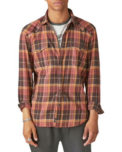 Lucky Brand Plaid Cotton Stretch Flannel Snap-up Western Shirt - Red