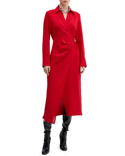 Mango Bilma Wrap Front Long Sleeve Shirtdress - Red