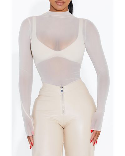 Naked Wardrobe Funnel Neck Long Sleeve Sheer Mesh Top - Natural