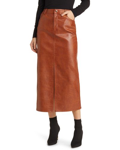 Wayf Roberta Croc Embossed Faux Leather Midi Skirt - Orange