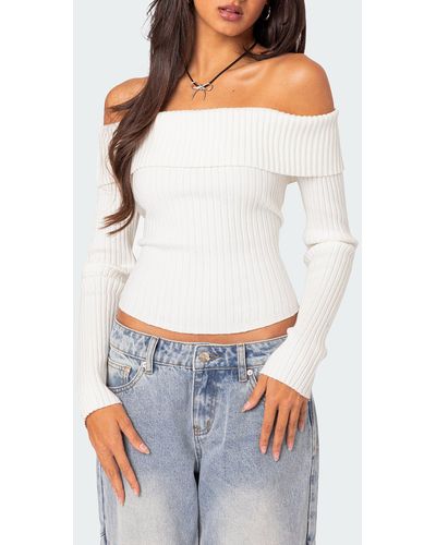 Edikted Lauren Foldover Off The Shoulder Rib Sweater - White