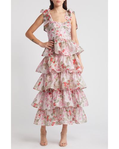 & Other Stories & Floral Tie Strap Tiered Midi Dress - Pink