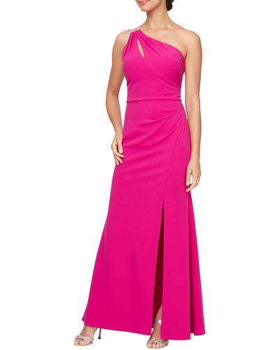 Alex Evenings Long Crepe One Shoulder Dress With Embellished Strap Detail - Pink