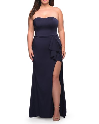 La Femme Strapless Sweetheart Ruffle Gown - Blue