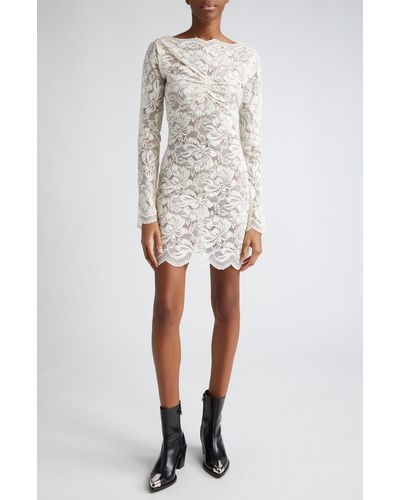 Rabanne Ruched Long Sleeve Sheer Stretch Lace Minidress - Natural