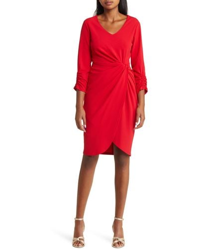 Tahari Side Knot Long Sleeve Knit Dress - Red