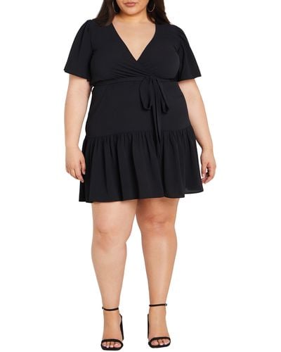 City Chic Catherine Tiered Flutter Sleeve Faux Wrap Dress - Black