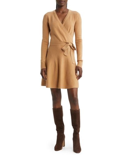 French Connection Long Sleeve Faux Wrap Sweater Dress - Natural