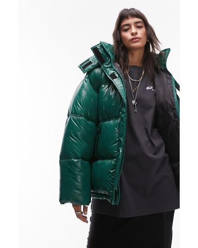 TOPSHOP Oversized Mid Length Puffer Jacket With Detachable Hood - Green