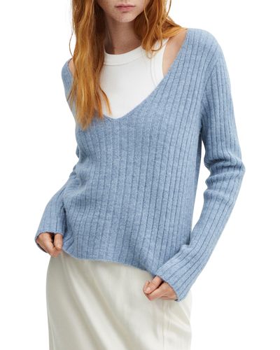 Mango V-neck Rib Sweater - Blue