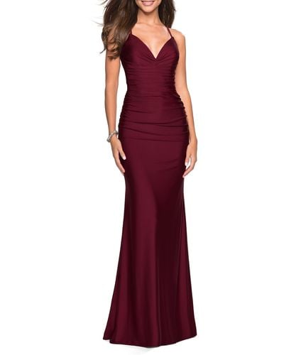 La Femme Strappy Back Ruched Trumpet Gown - Red