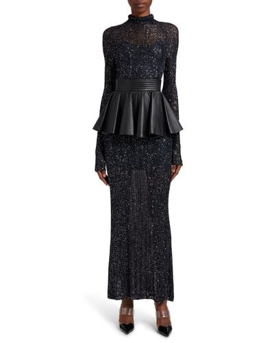 Alaïa Semisheer Sequin Open Stitch Long Sleeve Maxi Dress - Black