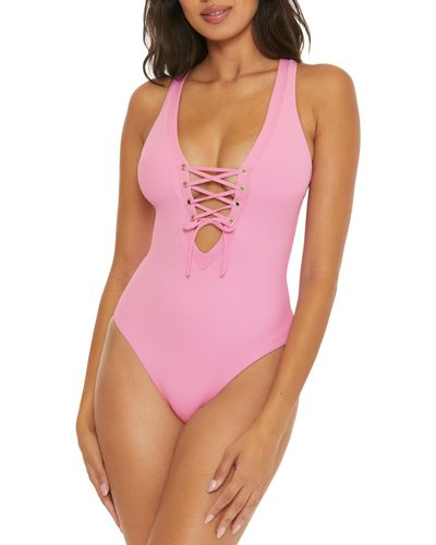 Becca Modern Edge Plunge Lace-up Ribbed One-piece Swimsuit - Pink