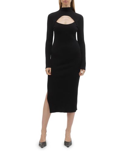 Vero Moda Yasmin Cutout Mock Neck Long Sleeve Midi Sweater Dress - Black