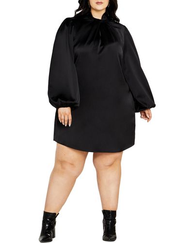 City Chic Azalea Long Sleeve Satin Shift Dress - Black