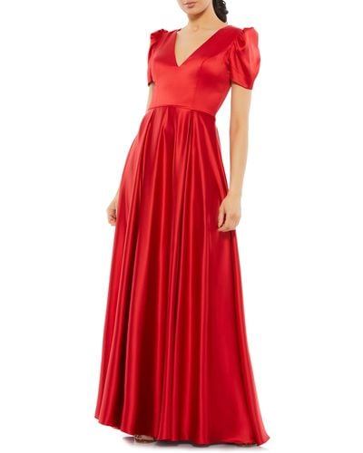 Mac Duggal Puff Sleeve Satin A-line Gown - Red