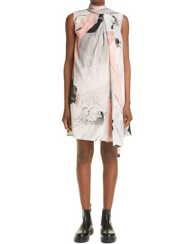 Alexander McQueen Trompe L'oeil Floral Print Scarf Neck Silk Dress - Natural