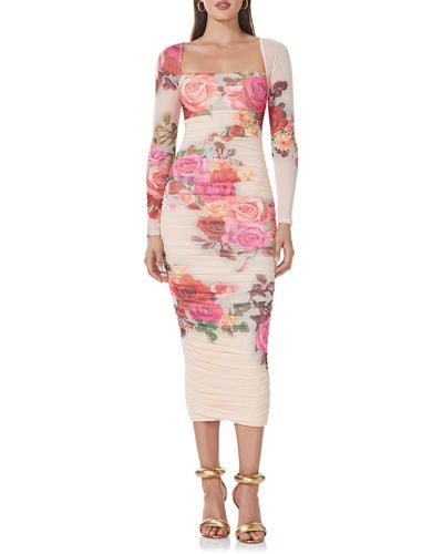 AFRM maggie Ruched Long Sleeve Body-con Midi Dress - Pink