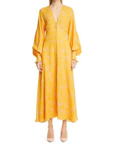 Lela Rose Butterfly Print Long Sleeve Georgette Maxi Dress - Yellow