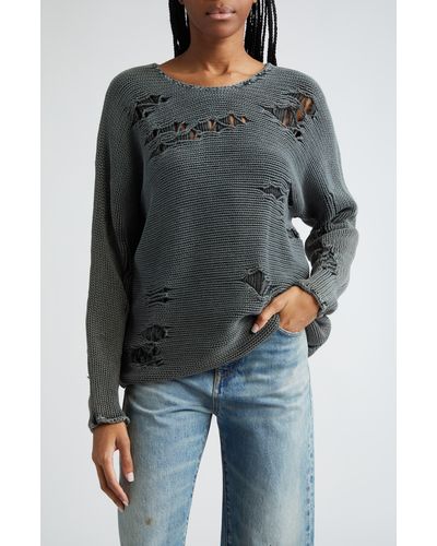 R13 Distressed Oversize Cotton Crewneck Sweater - Black