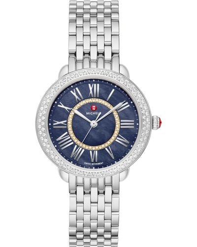Michele Serein Mid Diamond Bracelet Watch - Blue