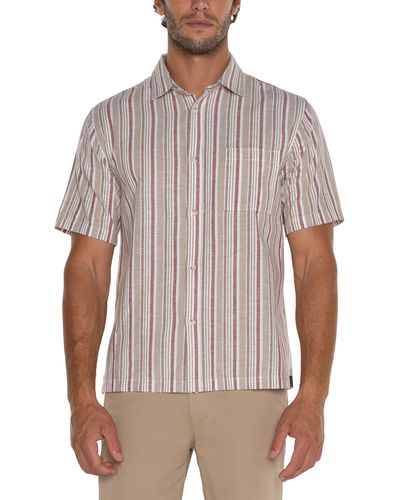 Liverpool Los Angeles Stripe Short Sleeve Cotton & Linen Button-up Shirt - White