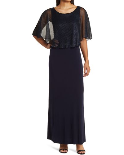 Connected Apparel Metallic Cape Bodice Jersey Gown - Black