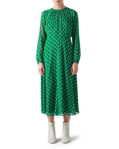 LK Bennett Addison Polka Dot Long Sleeve Midi Dress - Green