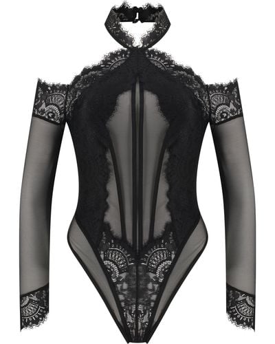 Hunkemöller Jenni Long Sleeve Lace & Mesh Bodysuit - Black