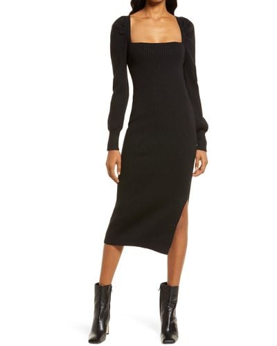 Charles Henry Square Neck Tie Back Puff Long Sleeve Sweater Dress - Black
