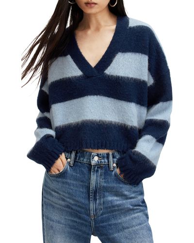 AllSaints Lou Stripe Crop Sweater - Blue