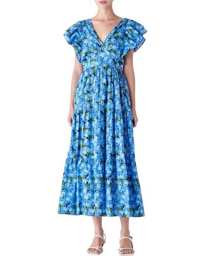 English Factory Floral Flutter Sleeve Open Back Dress - Blue