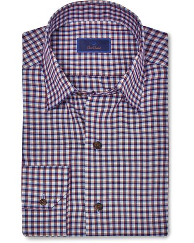 David Donahue Plaid Twill Hidden Button-down Shirt - Blue