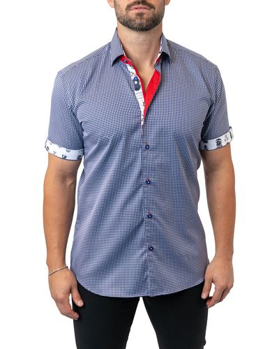 Maceoo Galileo Minisquare 43 Contemporary Fit Short Sleeve Button-up Shirt At Nordstrom - Blue