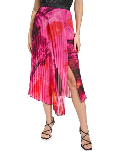 DKNY Print Pleated Asymmetric Midi Skirt - Pink