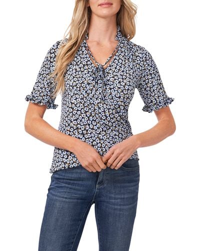Cece Floral Frill Sleeve Stretch Crepe Top - Blue