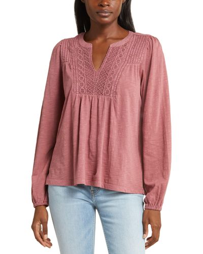 Lucky Brand Lace Pintuck Yoke Cotton Peasant Top - Red