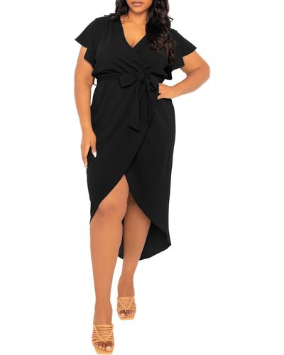 Buxom Couture Flutter Sleeve High-low Faux Wrap Dress - Black