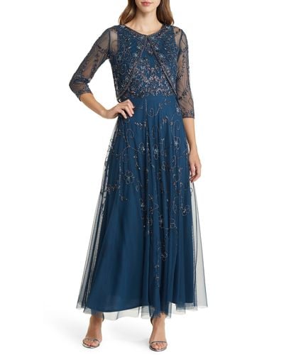 Pisarro Nights Beaded Mesh Gown With Jacket - Blue