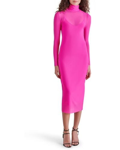 Steve Madden Vivienne Long Sleeve Mesh Midi Dress - Pink