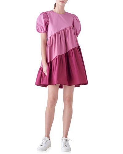 English Factory Colorblock Puff Sleeve Shift Dress - Red