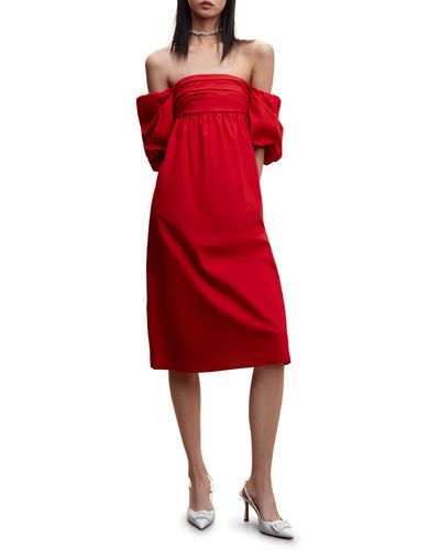 Mango Puff Sleeve Cotton Dress - Red