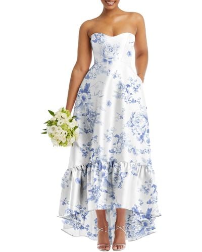 Alfred Sung Strapless Floral Ruffle High-low Gown - Blue