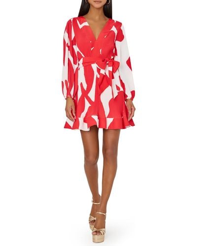 MILLY Liv Grand Foliage Pleated Long Sleeve Minidress - Red