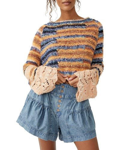 Free People Butterfly Mixed Stripe Cotton Blend Sweater - Blue
