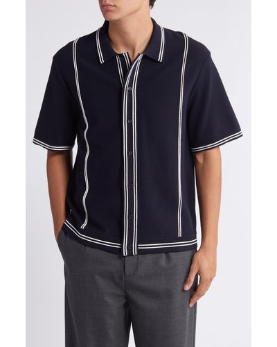 Wax London Minori Short Sleeve Milano Knit Button-up Shirt - Blue