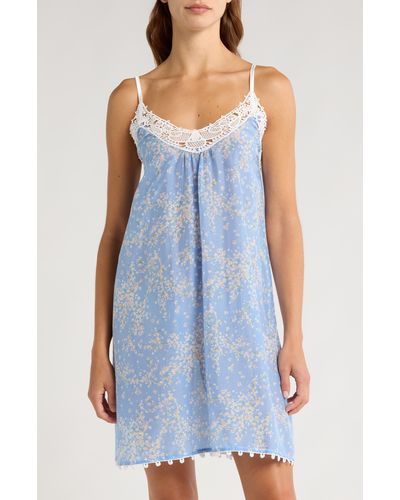Papinelle Cheri Blossom Lace Trim Cotton & Silk Nightgown - Blue