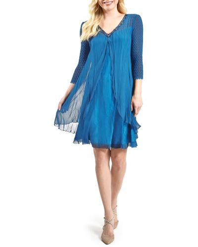 Komarov Fly Away Long Sleeve Chiffon Dress - Blue