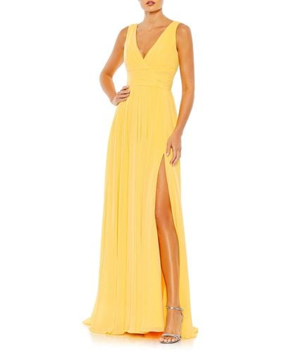 Mac Duggal Side Slit Sleeveless Chiffon Gown - Yellow