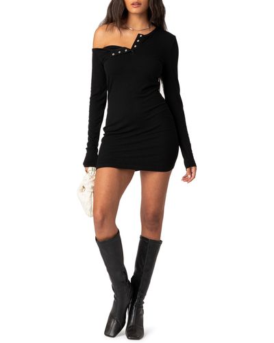 Edikted Soleste Long Sleeve Rib Henley Minidress - Black